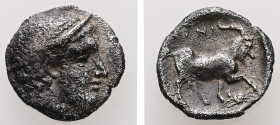 Thrace, Ainos. AR, Diobol. 1.02 g. - 11.77 mm. Circa 408-406 BC.
Obv.: Head of Hermes right wearing petasos.
Rev.: AINI. Goat standing right; crab bel...