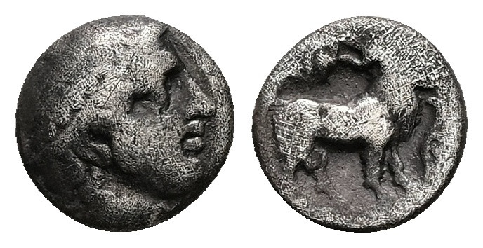 Thrace, Ainos. AR, Diobol. 1.16 g. - 9.85 mm. Circa 427/6-425/4 BC.
Obv.: Head o...