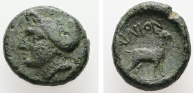 Thrace, Ainos. AE. 2.90 g. - 14.33 mm. Circa 365-341 BC.
Obv.: Head of Hermes left, wearing petasos.
Rev.: AINION. Goat standing right.
Ref.: cf. AMNG...