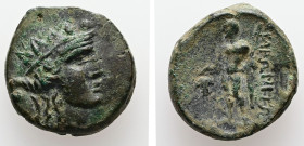 Thrace, Maroneia. AE. 6.05 g. - 19.07 mm. 1st century BC.
Obv.: Head of Dionysos to right, wearing ivy wreath and taenia.
Rev.: MAPΩNITΩN. Dionysos st...