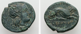 Kings of Thrace, (Macedonian). Lysimachos, 305-281 BC. AE, 5.27 g. - 19.87 mm. Uncertain mint in Thrace, possibly Lysimacheia. 
Obv.: Helmeted head of...