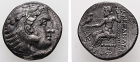 Kings of Macedon. Alexander III "the Great", 336-323 BC. AR, Drachm. 3.96 g. - 17.66 mm. Posthumous issue of Kolophon, 310-301 BC.
Obv.: Head of Herak...