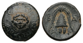 Kings of Macedon. Alexander III 'the Great', 336-323 BC. AE. 1.98 g. - 13.80 mm. Uncertain mint, possibly Miletos.
Obv.: Macedonian shield, with facin...