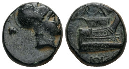 Kings of Macedon. Demetrios I Poliorketes. 306-283 BC. AE. 4.19 g. - 15.24 mm. Uncertain mint in Caria(?). Struck circa 290-286 BC.
Obv.: Helmeted hea...