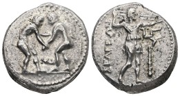 Pamphylia, Aspendos. AR, Stater. 10.70 g. - 23.00 mm. Circa 330-250 BC.
Obv.: Two wrestlers grappling; MO between them; all in dotted circle.
Rev.: ...