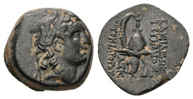 Seleukid Kingdom. Tryphon, ca. 142-138 BC. AE. 5.42 g. - 16.82 mm. Uncertain mint in Northern Syria.
Obv.: Diademed head right.
Rev.: ΒΑΣΙΛΕΩΣ ΤΡVΦΩΝΟ...