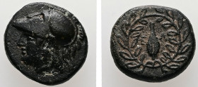 Aeolis, Elaia. AE. 1.50 g. - 11.18 mm. Circa Mid 4th-3rd century BC.
Obv.: Helmeted head of Athena left.
Rev.: Ε - Λ. Grain ear within olive wreath.
R...