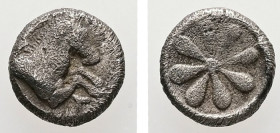 Aeolis, Kyme. AR, Hemiobol. 0.36 g. - 6.98 mm. ca. 4th century BC.
Obv.: K-Y. Forepart of horse to right.
Rev.: Rosette of eight petals within incuse ...