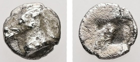 Aeolis, Kyme. AR, Tetartemorion. 0.19 g. - 6.36 mm. ca. 500-475 BC.
Obv.: Bridled head of a horse to left.
Rev.: Irregular incuse square.
Ref.: Klein ...
