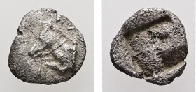Aeolis, Kyme?. AR, Tetartemorion. 0.17 g. - 5.79 mm. ca. Late 6th-early 5th centuries BC.
Obv.: Forepart of bridled horse to left; KV above.
Rev.: Qua...