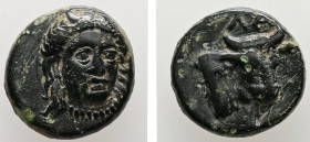 Aeolis, Larissa Phrikonis. AE, 1.31 g. - 9.89 mm. ca. 4th century BC.
Obv.: Horned female head of river god facing slightly right, wearing necklace.
R...