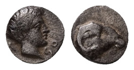 Caria, Kasolaba. AR, Hemiobol. 0.40 g. - 7.60 mm. 4th century BC.
Obv.: Young male head right; Carian letters below chin and behind.
Rev.: Head of ram...