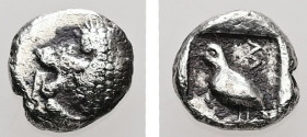 Caria, Mylasa. AR, Tetartemorion. 0.26 g. - 6.04 mm. ca. 420-390 BC.
Obv.: Forepart of a roaring lion to right, head to left.
Rev.: Bird standing left...