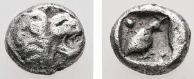 Caria, Mylasa. AR, Tetartemorion. 0.30 g. - 5.94 mm. ca. 420-390 BC.
Obv.: Forepart of a roaring lion to left, head to rigt.
Rev.: Bird standing right...