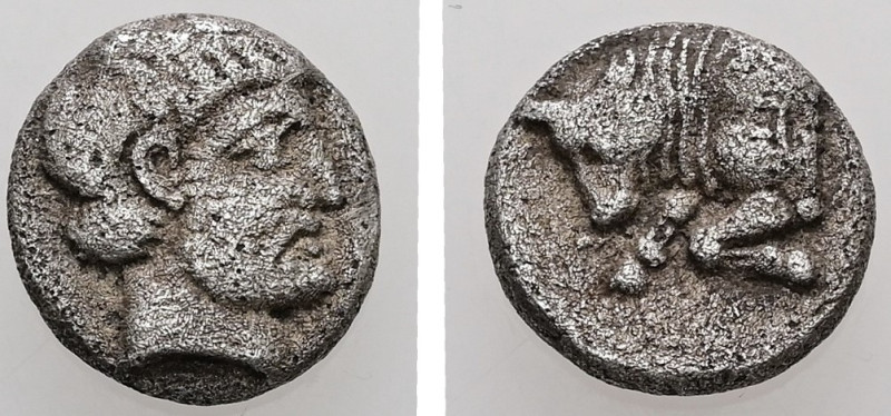 Caria, Uncertain ('Mint E'). AR, Diobol. 1.25 g. - 10.49 mm. Circa 380-340 BC.
O...