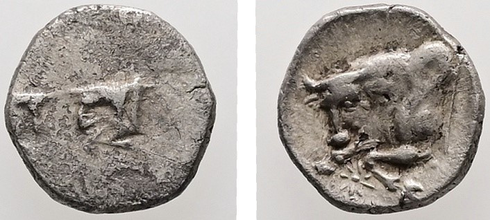 Caria, Uncertain. AR, Hemiobol. 0.34 g. - 6.99 mm. 5th century BC.
Obv.: Confron...