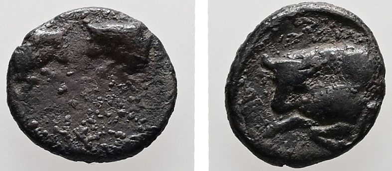 Caria, Uncertain. AR, Hemiobol. 0.35 g. - 7.64 mm. 5th century BC.
Obv.: Confron...