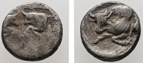 Caria, Uncertain. AR, Hemiobol. 0.40 g. - 7.45 mm. 5th century BC.
Obv.: Confronted foreparts of two bulls.
Rev.: Forepart of bull left.
Ref.: SNG Kay...