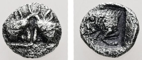 Caria, Uncertain. AR, Tetartemorion. 0.18 g. - 6.21 mm. 5th century BC.
Obv.: Confronted foreparts of two bulls.
Rev.: Forepart of bull left.
Ref.: SN...