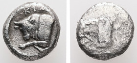 Satraps of Caria, Kim-. Circa early 4th century BC. AR, Diobol. 1.90 g. - 11.21 mm.
Obv.: Forepart of bull butting left.
Rev.: KIM. Forepart of bull b...