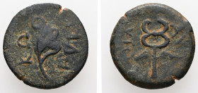 Cilicia, Korykos. AE. 3.33 g. - 18.53 mm. ca.1st century BC.
Obv.: KOPYKI. Aphlaston.
Rev.: AVTONOM. Winged kerykeion.
Ref.: SNG BN 1104-5; SNG Levant...