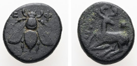 Ionia, Ephesos. AE. 2.44 g. - 14.18 mm. ca. 4th century BC. -ko-, magistrate.
Obv.: Ε - Φ. Bee.
Rev.: [...]KO[...]. Stag kneeling left, head right; as...