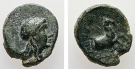Ionia, Kolophon. Ca. 360-330 BC. AE. 0.94 g. - 10.53 mm. uncertain, magistrate.
Obv.: Laureate head of Apollo to right.
Rev.: Forepart of a horse to r...