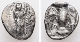 Ionia, Magnesia ad Maeandrum. Archepolis, son of Themistokles, ca. 465-459 BC or somewhat later. AR, Drachm. 3.95 g. - 19.04 mm.
Obv.: [ΑΡΧΕ - ΠΟΛΙΣ]....