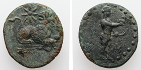 Ionia, Miletos. AE. 3.98 g. - 19.45 mm. 1st century BC. Sostratos, magistrate.
Obv.: Cult statue of Apollo Didymaios standing right, holding small sta...