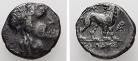 Ionia, Miletos. AR, Hemidrachm. 4.43 g. - 18.77 mm. Circa late 3rd-2nd centuries BC. Ouliades, magistrate.
Obv.: Laureate head of Apollo right.
Rev.: ...