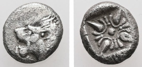 Ionia, Miletos. AR, Obol or Hemihekte. 1.02 g. - 9.39 mm. Late 6th-early 5th centuries BC.
Obv.: Forepart of lion right, head left.
Rev.: Stellate flo...
