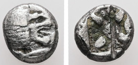 Ionia, Miletos. AR, Obol or Hemihekte. 1.08 g. - 9.57 mm. Late 6th-early 5th centuries BC.
Obv.: Forepart of lion left, head right.
Rev.: Stellate flo...