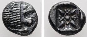Ionia, Miletos. AR, Obol or Hemihekte. 1.16 g. - 9.80 mm. Late 6th-early 5th century BC.
Obv.: Forepart of roaring lion left, head reverted.
Rev.: Ste...