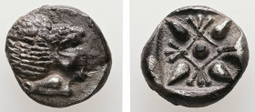 Ionia, Miletos. AR, Obol or Hemihekte. 1.20 g. - 10.46 mm. Late 6th-early 5th centuries BC.
Obv.: Forepart of lion left, head right.
Rev.: Stellate fl...