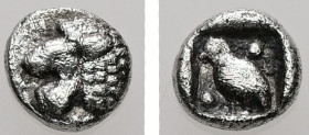 Ionia, Miletos. AR, Tetartemorion. 0.23 g. - 5.35 mm. Late 6th-early 5th century BC.
Obv.: Forepart of a roaring lion to right, head to left.
Rev.: Ea...