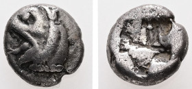 Ionia, Phokaia. AR Diobol. 1.57 g. - 10.03 mm. ca. 521-478 BC.
Obv.: Head of griffin left.
Rev.: Rough incuse square.
Ref.: SNG Keckman 300; SNG von A...