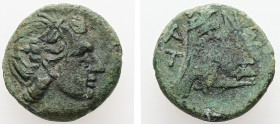 Lesbos, Antissa. AE. 2.88 g. - 15.58 mm. Circa 3rd century BC.
Obv.: Diademed youthful male head (Apollo?) to right; c/m: rose?
Rev.: Head of male rig...