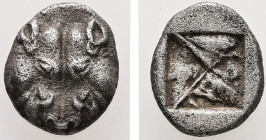 Lesbos. Unattributed early mint. AR 1/12 Stater. 0.90 g. - 9.85 mm. Circa 500-450 BC.
Obv.: Heads of two confronted boars.
Rev.: Incuse square punch d...