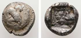 Dynasts of Lycia. Uncertain Dynast. ca. 5th century BC. AR, Diobol (1/6 Stater). 1.34 g. - 9.87 mm. Uncertain mint.
Obv.: Sphinx seated to right, on c...