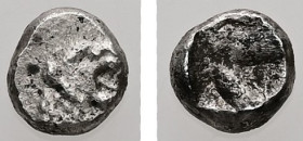 Kings of Lydia. Kroisos, 1/48 Stater. 0.20 g. - 4.83 mm. Circa 564/53-550/39 BC. Sardes.
Obv.: Head of roaring lion right.
Rev.: Rough incuse punch.
R...