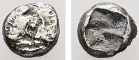 Kings of Lydia. Sardes. Kroisos, AR 1/24 Stater. 0.30 g. - 6.63 mm. Circa 564/53-550/39 BC.
Obv.: Confronted foreparts of lion and bull.
Rev.: Incuse ...