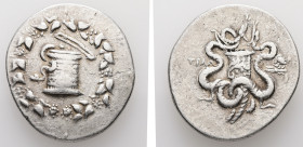 Lydia, Tralleis. Circa 166-67 BC. AR, Cistophoric Tetradrachm. 12.59 g. - 30.31 mm. Struck circa 155-145 BC.
Obv.: Serpent emerging from cista mystica...