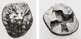Mysia, Kyzikos. AR Hemiobol. 0.51 g. - 8.68 mm. c. 550-500 BC.
Obv.: Stag's head facing between two tunny fish swimming upwards.
Rev.: Quadripartite i...