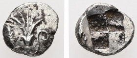 Mysia, Kyzikos. AR Hemiobol. 0.43 g. - 8.19 mm. c. 550-500 BC.
Obv.: Tunny swimming to right above a lotus flower to right.
Rev.: Quadripartite incuse...