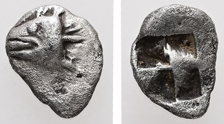 Mysia, Kyzikos. AR Hemiobol. 0.45 g. - 9.09 mm. c. 550-480 BC.
Obv.: Head of a t...