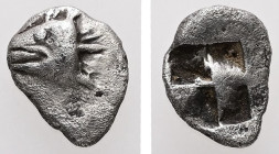Mysia, Kyzikos. AR Hemiobol. 0.45 g. - 9.09 mm. c. 550-480 BC.
Obv.: Head of a tunny to left with small fish in mouth.
Rev.: Quadripartite incuse squa...