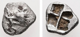Mysia, Kyzikos. AR Hemiobol. 0.46 g. - 8.28 mm. c. 550-480 BC.
Obv.: Head of a tunny to left, holding fish in mouth.
Rev.: Quadripartite incuse square...