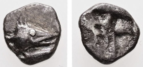 Mysia, Kyzikos. AR Hemiobol. 0.48 g. - 8.51 mm. c. 530-500 BC.
Obv.: Head of tunny right; below, tunny right.
Rev.: Quadripartite incuse square.
Ref.:...
