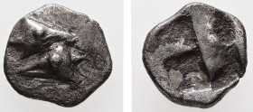 Mysia, Kyzikos. AR Hemiobol. 0.47 g. - 8.89 mm. c. 530-500 BC.
Obv.: Heads of two tunnies in opposite directions.
Rev.: Quadripartite incuse square.
R...
