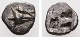 Mysia, Kyzikos. AR Hemiobol. 0.52 g. - 7.92 mm. c. 600-550 BC.
Obv.: Head of tunny right; above, tail of tunny.
Rev.: Quadripartite incuse square.
Ref...